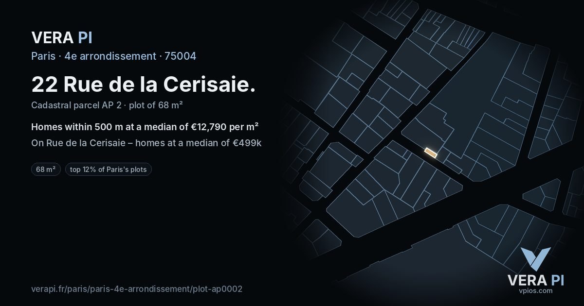 22 Rue de la Cerisaie, 4e arrondissement at night – the plot lit, the parcels around coloured by the prices near them
