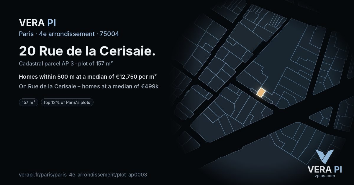 20 Rue de la Cerisaie, 4e arrondissement at night – the plot lit, the parcels around coloured by the prices near them