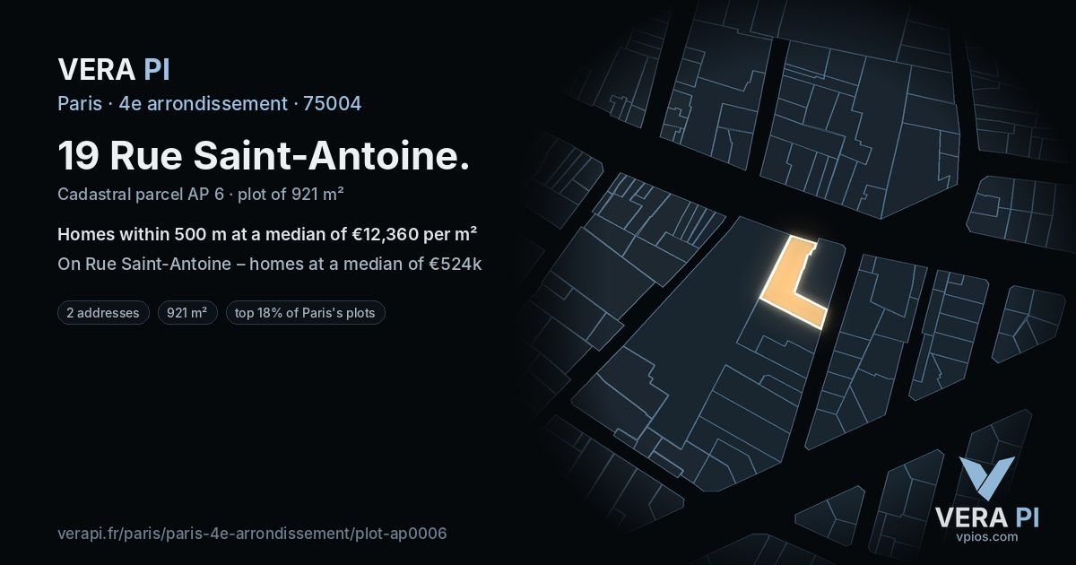19 Rue Saint-Antoine, 4e arrondissement at night – the plot lit, the parcels around coloured by the prices near them