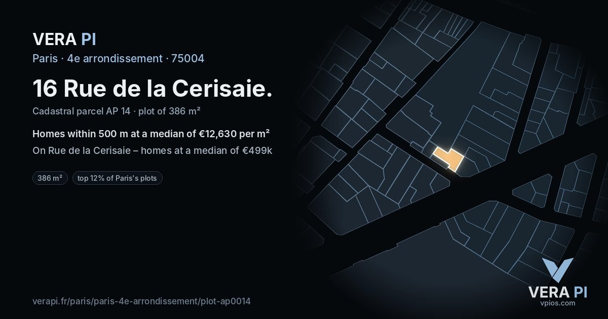 16 Rue de la Cerisaie, 4e arrondissement at night – the plot lit, the parcels around coloured by the prices near them