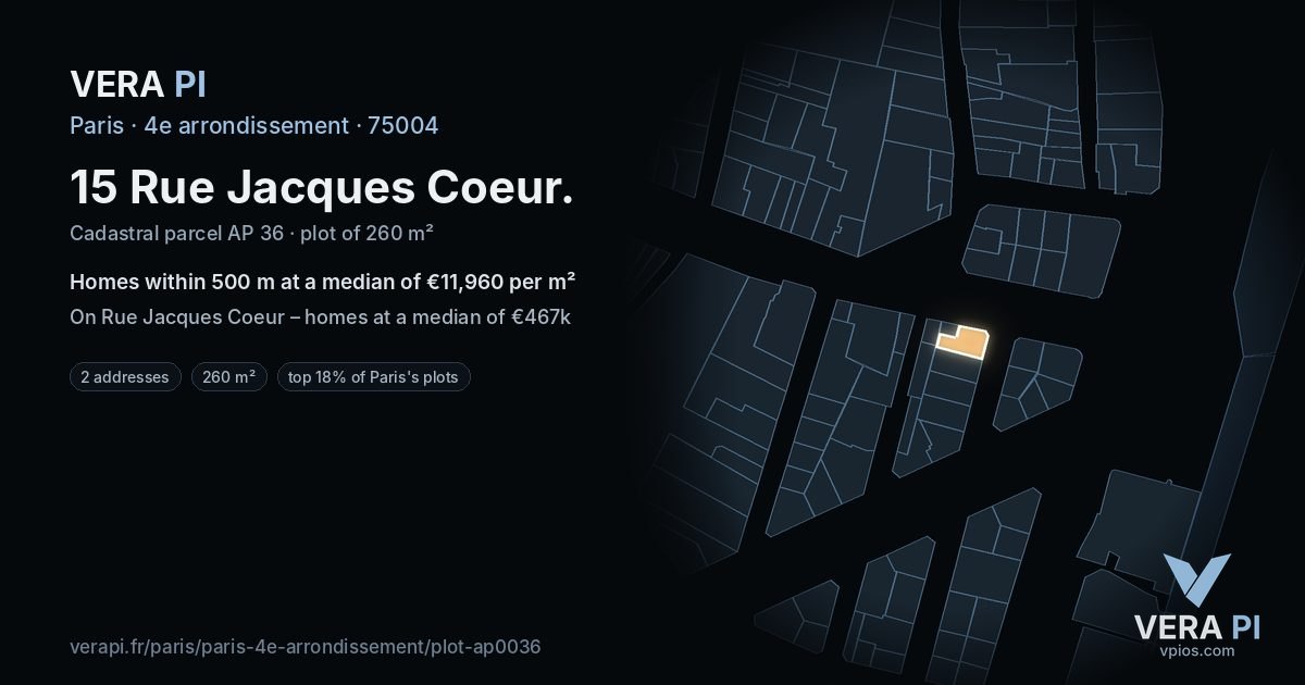 15 Rue Jacques Coeur, 4e arrondissement at night – the plot lit, the parcels around coloured by the prices near them
