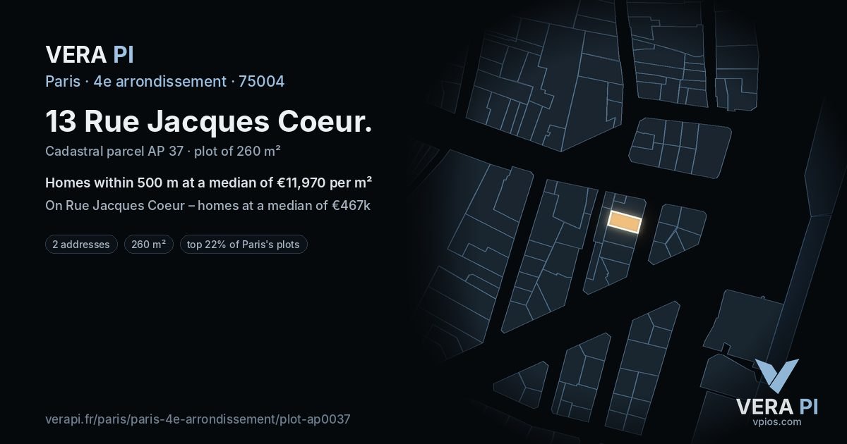 13 Rue Jacques Coeur, 4e arrondissement at night – the plot lit, the parcels around coloured by the prices near them