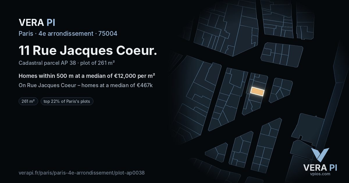11 Rue Jacques Coeur, 4e arrondissement at night – the plot lit, the parcels around coloured by the prices near them