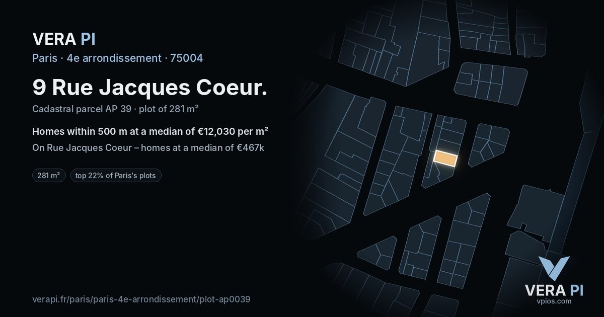 9 Rue Jacques Coeur, 4e arrondissement at night – the plot lit, the parcels around coloured by the prices near them