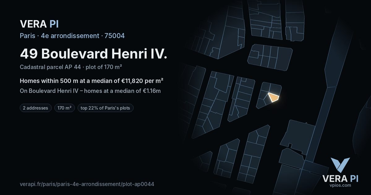 49 Boulevard Henri IV, 4e arrondissement at night – the plot lit, the parcels around coloured by the prices near them