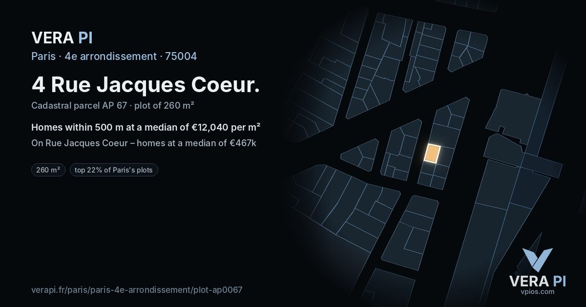 4 Rue Jacques Coeur, 4e arrondissement at night – the plot lit, the parcels around coloured by the prices near them
