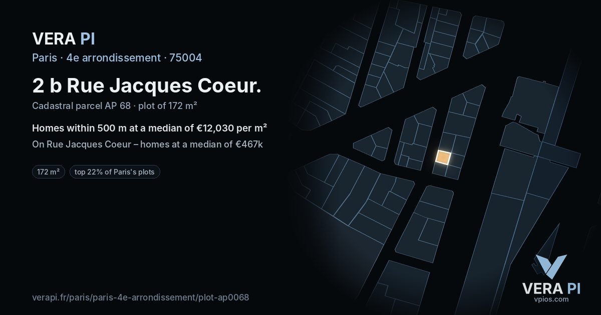 2 b Rue Jacques Coeur, 4e arrondissement at night – the plot lit, the parcels around coloured by the prices near them