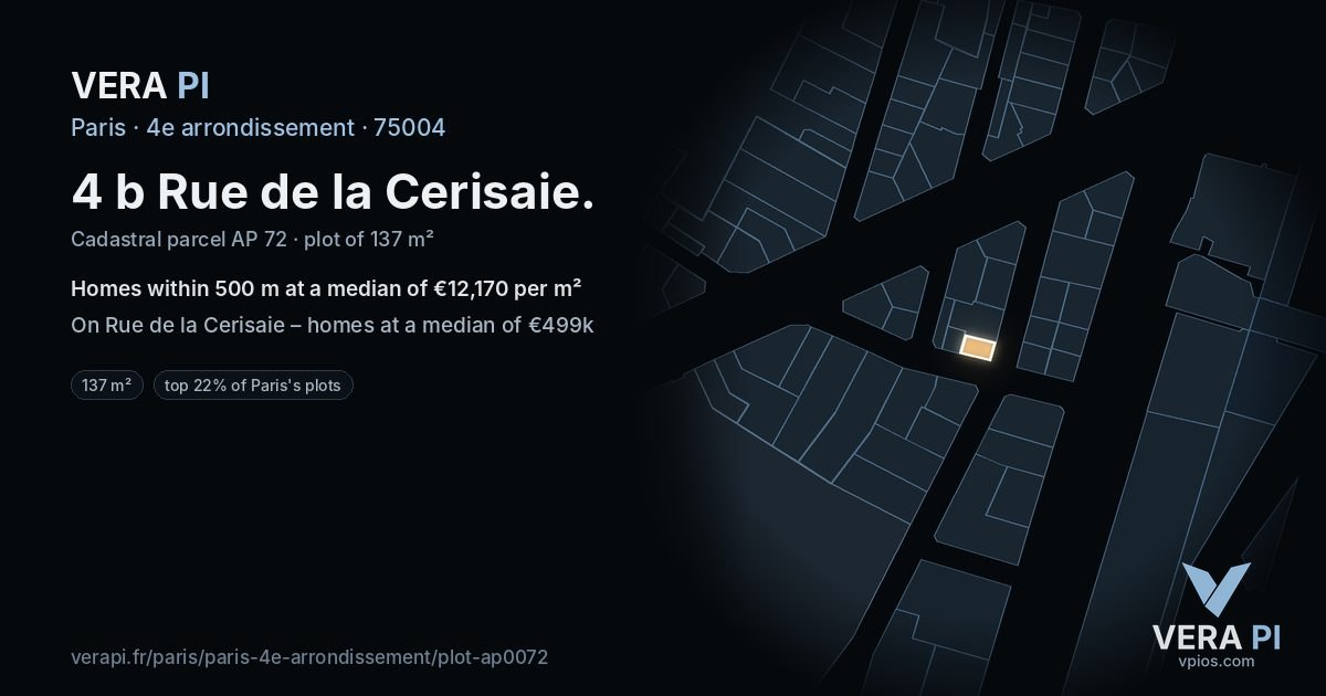 4 b Rue de la Cerisaie, 4e arrondissement at night – the plot lit, the parcels around coloured by the prices near them