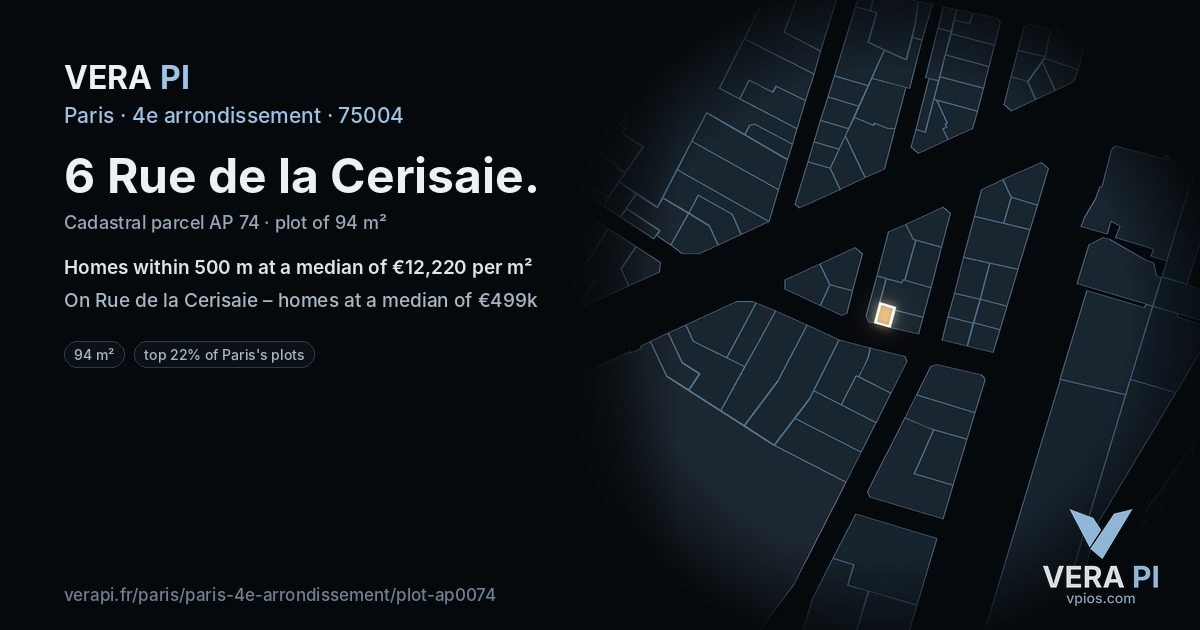 6 Rue de la Cerisaie, 4e arrondissement at night – the plot lit, the parcels around coloured by the prices near them