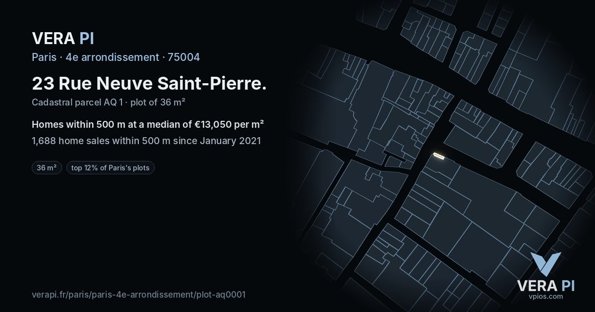 23 Rue Neuve Saint-Pierre, 4e arrondissement at night – the plot lit, the parcels around coloured by the prices near them