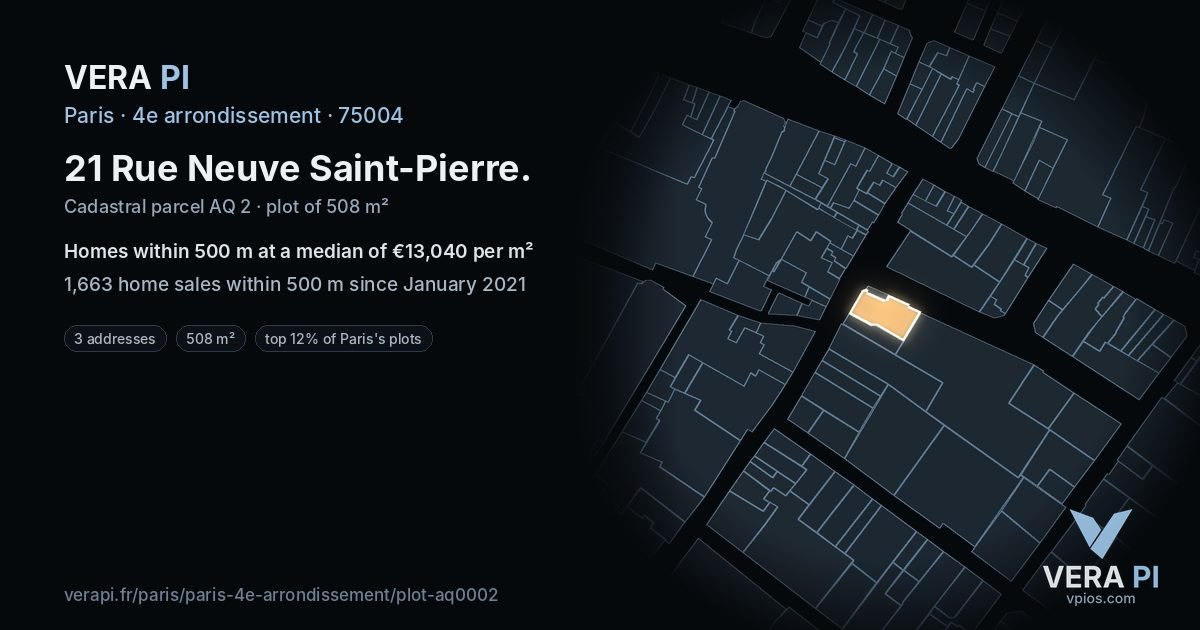 21 Rue Neuve Saint-Pierre, 4e arrondissement at night – the plot lit, the parcels around coloured by the prices near them