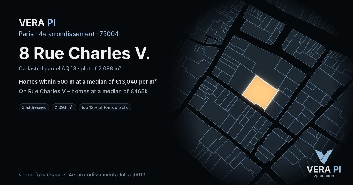 8 Rue Charles V, 4e arrondissement at night – the plot lit, the parcels around coloured by the prices near them