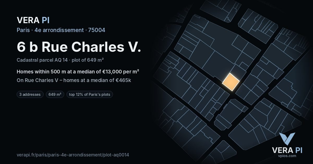 6 b Rue Charles V, 4e arrondissement at night – the plot lit, the parcels around coloured by the prices near them