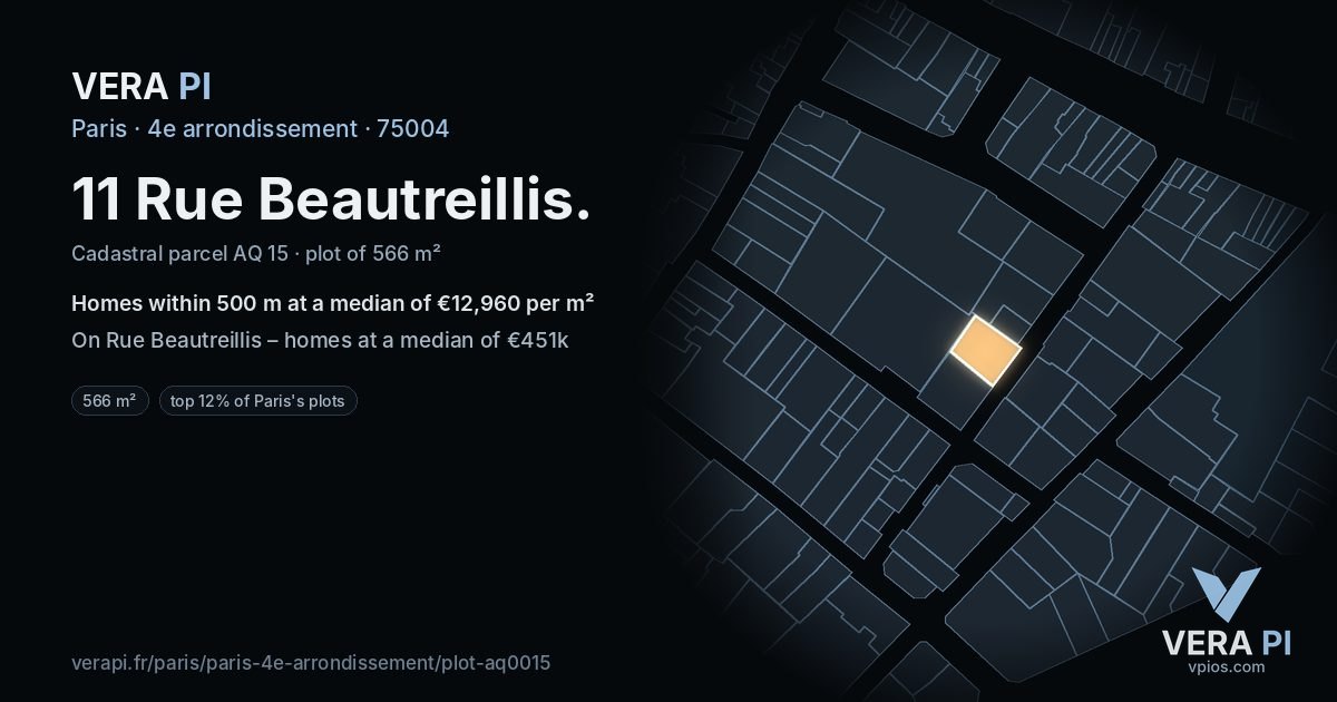11 Rue Beautreillis, 4e arrondissement at night – the plot lit, the parcels around coloured by the prices near them