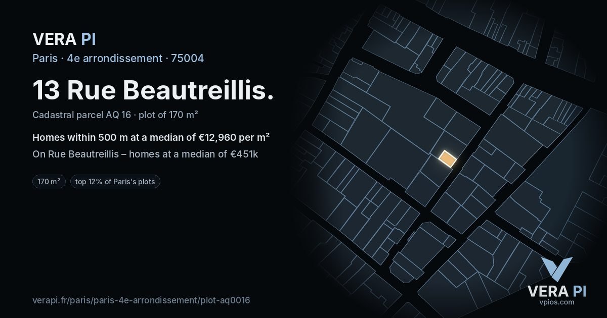 13 Rue Beautreillis, 4e arrondissement at night – the plot lit, the parcels around coloured by the prices near them
