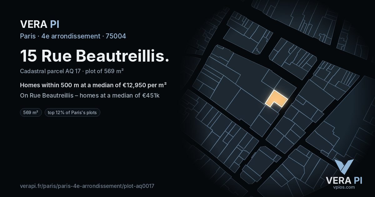 15 Rue Beautreillis, 4e arrondissement at night – the plot lit, the parcels around coloured by the prices near them