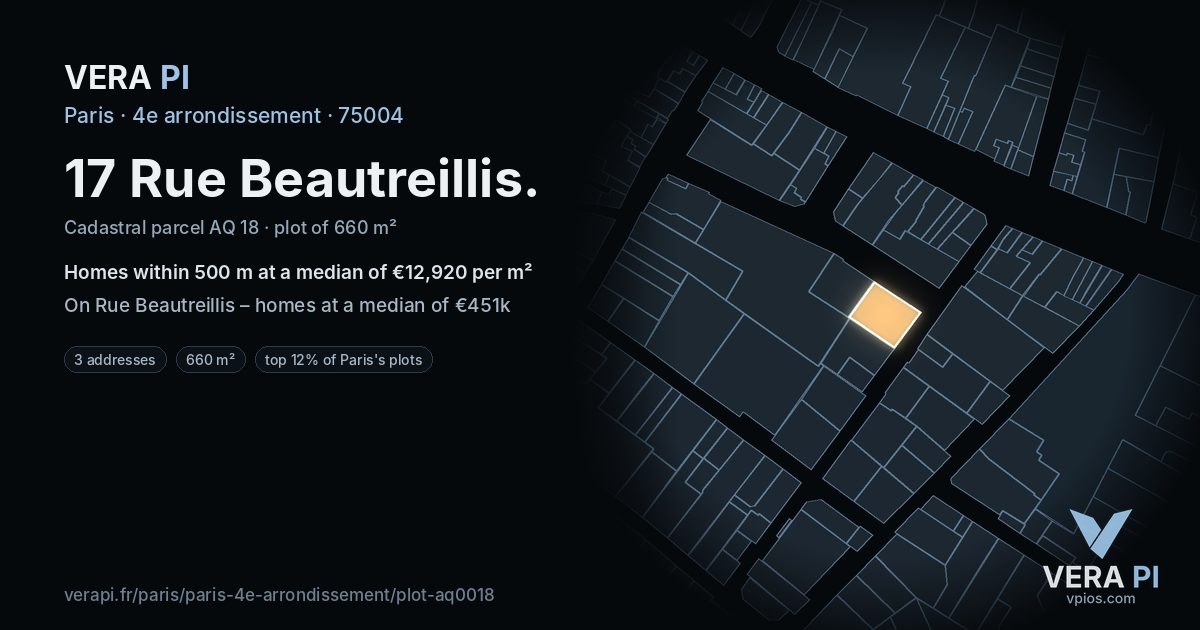 17 Rue Beautreillis, 4e arrondissement at night – the plot lit, the parcels around coloured by the prices near them