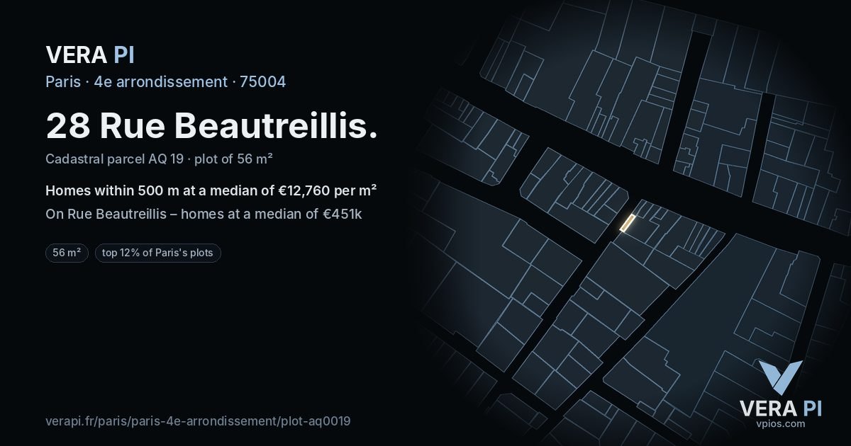 28 Rue Beautreillis, 4e arrondissement at night – the plot lit, the parcels around coloured by the prices near them