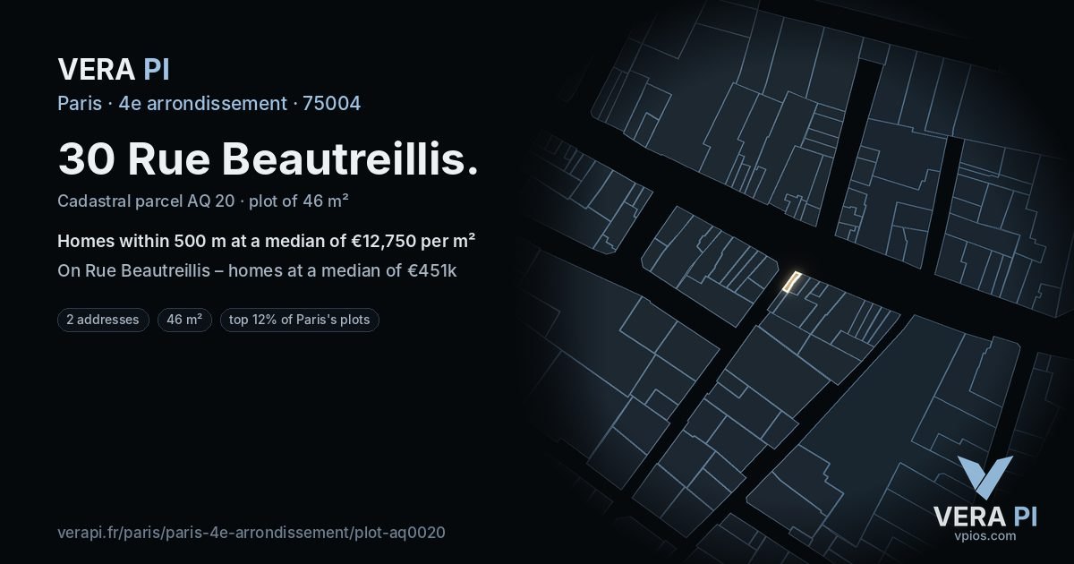 30 Rue Beautreillis, 4e arrondissement at night – the plot lit, the parcels around coloured by the prices near them