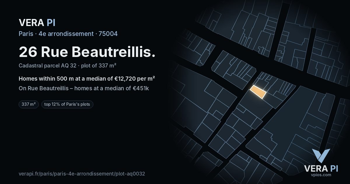26 Rue Beautreillis, 4e arrondissement at night – the plot lit, the parcels around coloured by the prices near them