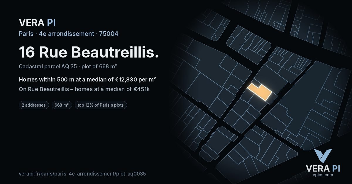 16 Rue Beautreillis, 4e arrondissement at night – the plot lit, the parcels around coloured by the prices near them
