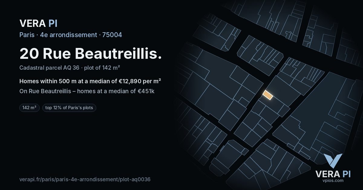 20 Rue Beautreillis, 4e arrondissement at night – the plot lit, the parcels around coloured by the prices near them