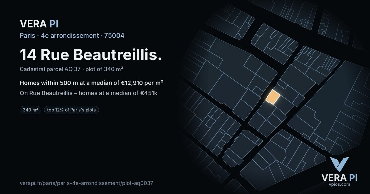 14 Rue Beautreillis, 4e arrondissement at night – the plot lit, the parcels around coloured by the prices near them