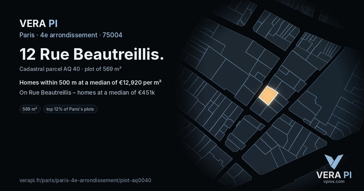 12 Rue Beautreillis, 4e arrondissement at night – the plot lit, the parcels around coloured by the prices near them