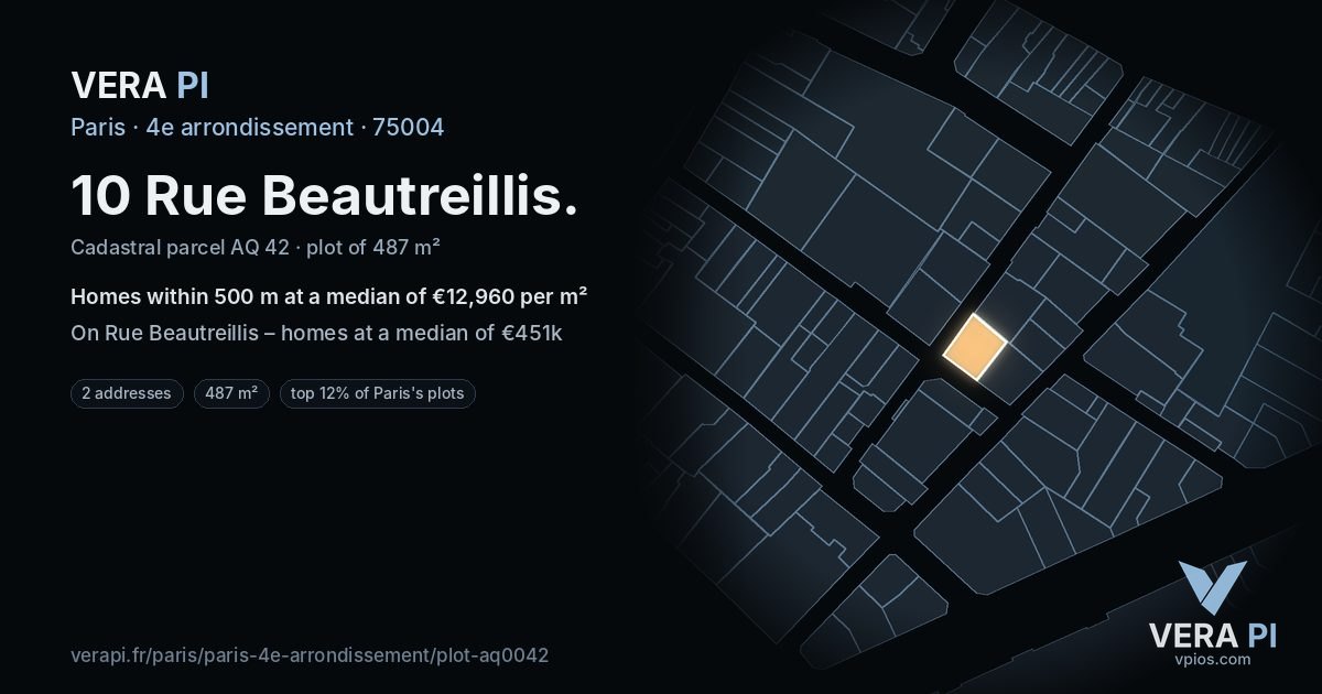 10 Rue Beautreillis, 4e arrondissement at night – the plot lit, the parcels around coloured by the prices near them