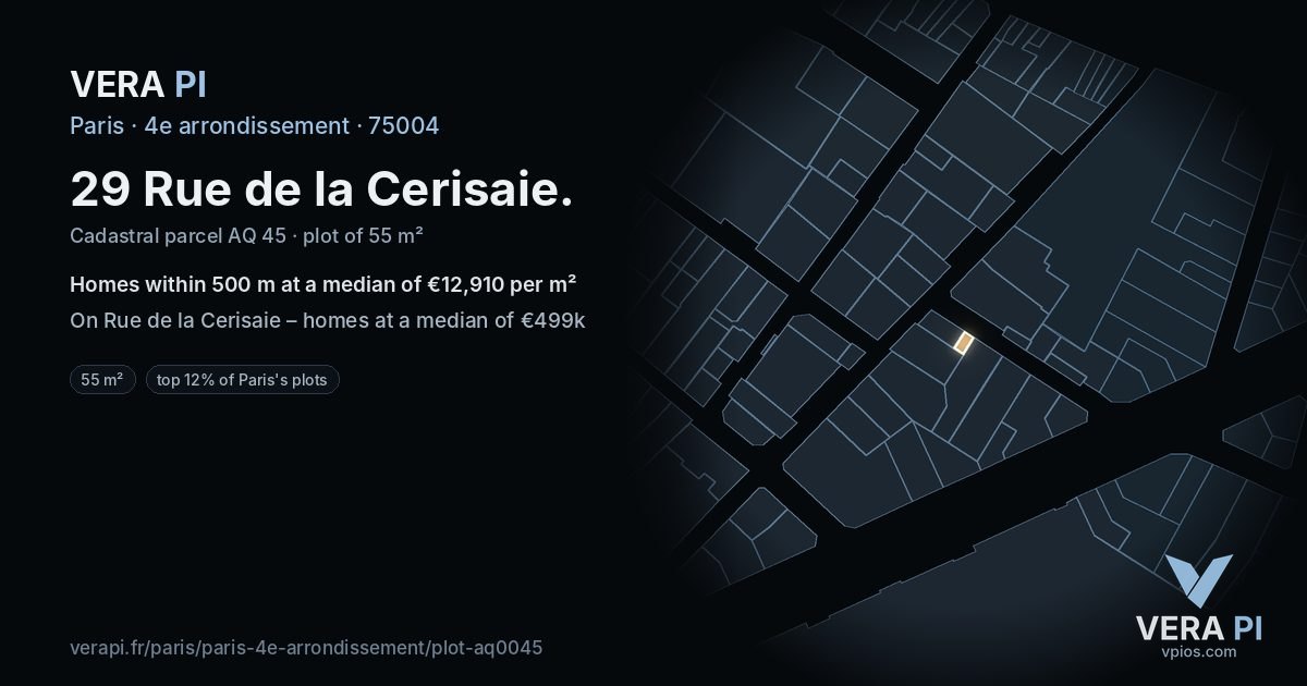 29 Rue de la Cerisaie, 4e arrondissement at night – the plot lit, the parcels around coloured by the prices near them