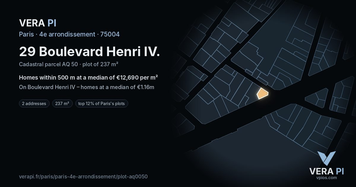 29 Boulevard Henri IV, 4e arrondissement at night – the plot lit, the parcels around coloured by the prices near them
