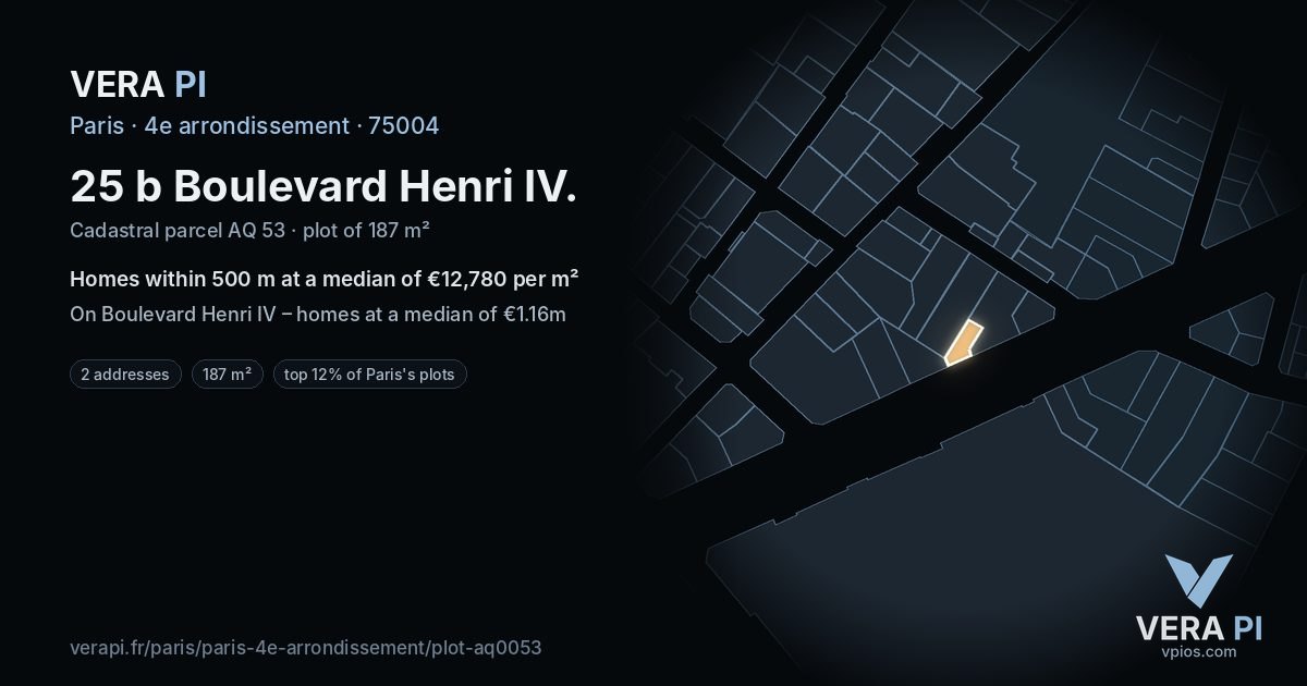 25 b Boulevard Henri IV, 4e arrondissement at night – the plot lit, the parcels around coloured by the prices near them
