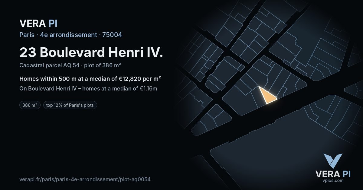 23 Boulevard Henri IV, 4e arrondissement at night – the plot lit, the parcels around coloured by the prices near them