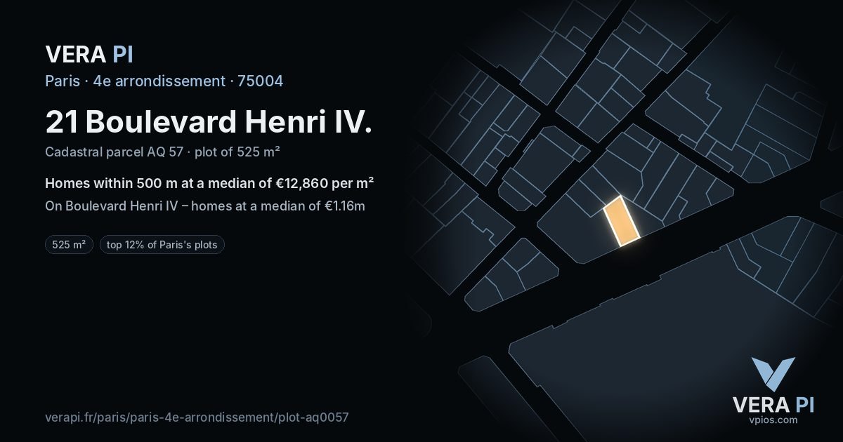 21 Boulevard Henri IV, 4e arrondissement at night – the plot lit, the parcels around coloured by the prices near them