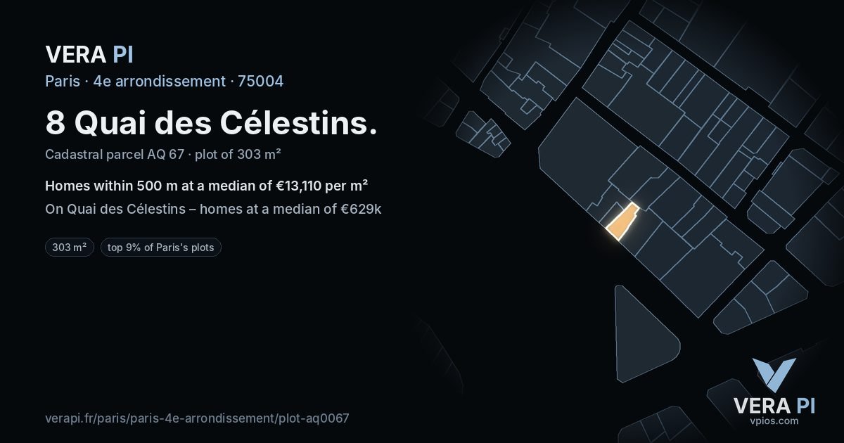 8 Quai des Célestins, 4e arrondissement at night – the plot lit, the parcels around coloured by the prices near them