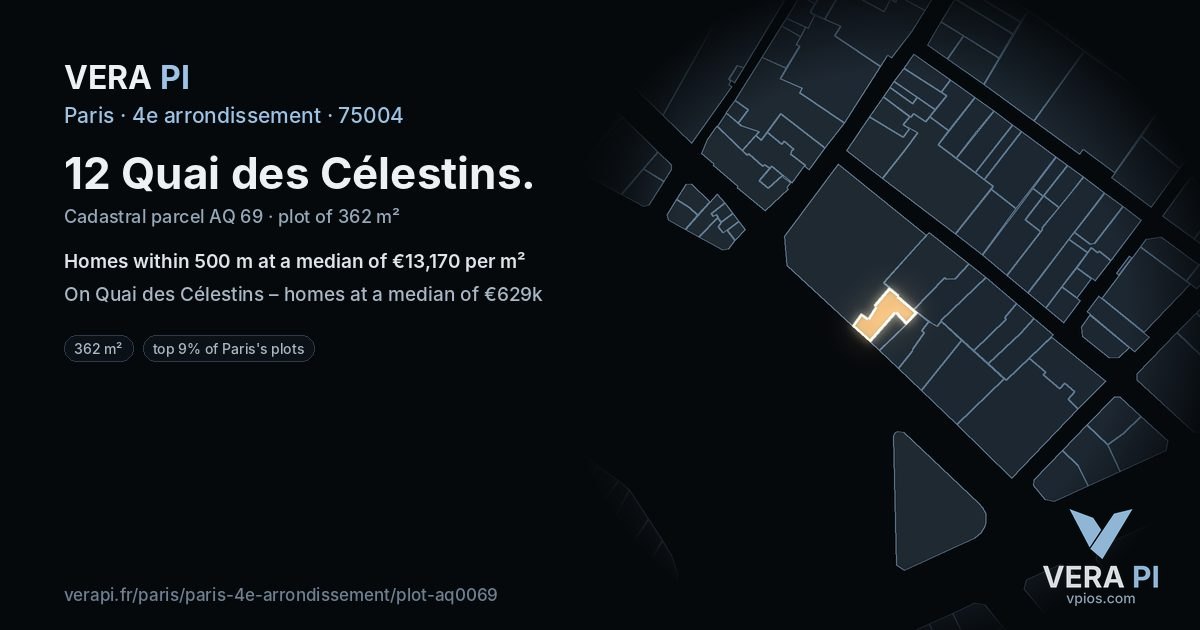 12 Quai des Célestins, 4e arrondissement at night – the plot lit, the parcels around coloured by the prices near them