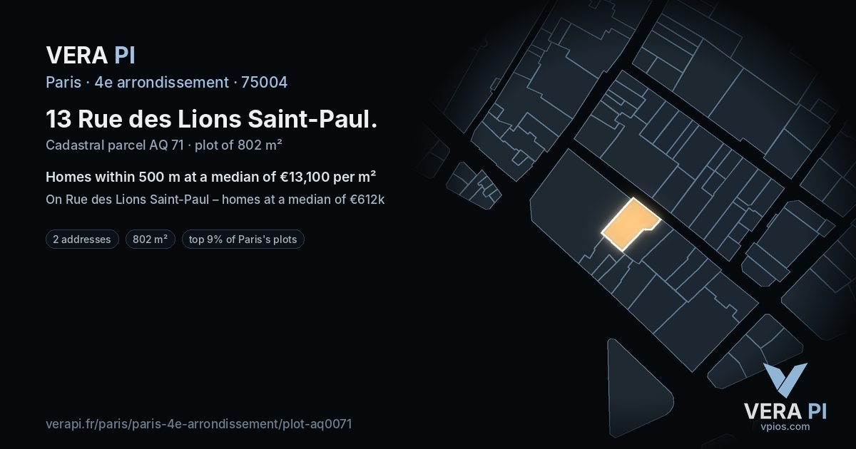 13 Rue des Lions Saint-Paul, 4e arrondissement at night – the plot lit, the parcels around coloured by the prices near them