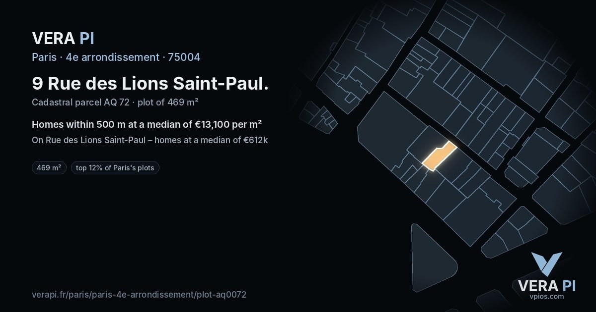 9 Rue des Lions Saint-Paul, 4e arrondissement at night – the plot lit, the parcels around coloured by the prices near them