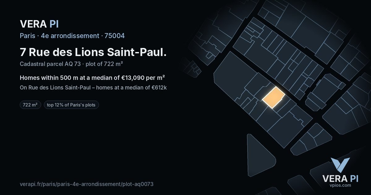 7 Rue des Lions Saint-Paul, 4e arrondissement at night – the plot lit, the parcels around coloured by the prices near them