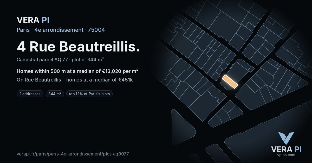 4 Rue Beautreillis, 4e arrondissement at night – the plot lit, the parcels around coloured by the prices near them