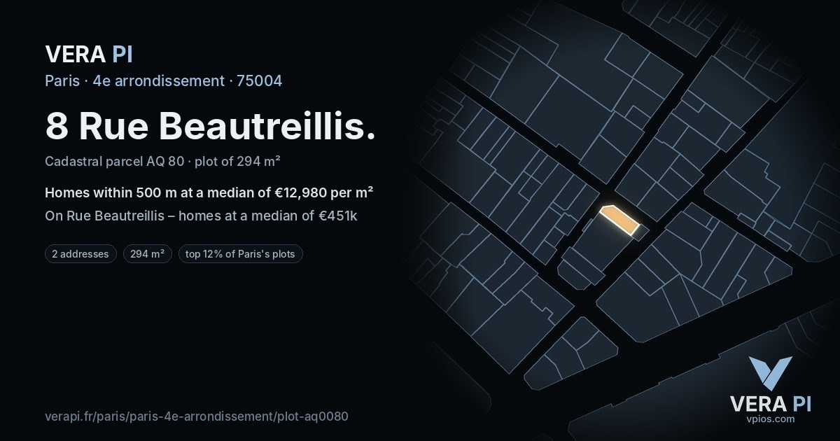 8 Rue Beautreillis, 4e arrondissement at night – the plot lit, the parcels around coloured by the prices near them