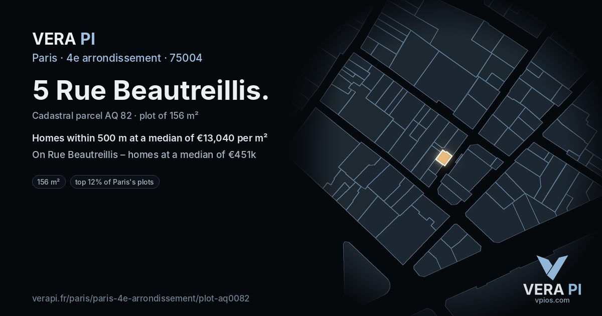 5 Rue Beautreillis, 4e arrondissement at night – the plot lit, the parcels around coloured by the prices near them