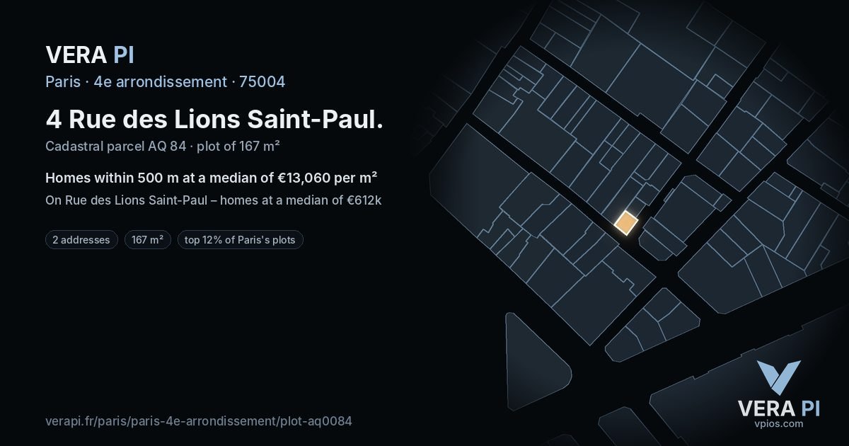 4 Rue des Lions Saint-Paul, 4e arrondissement at night – the plot lit, the parcels around coloured by the prices near them