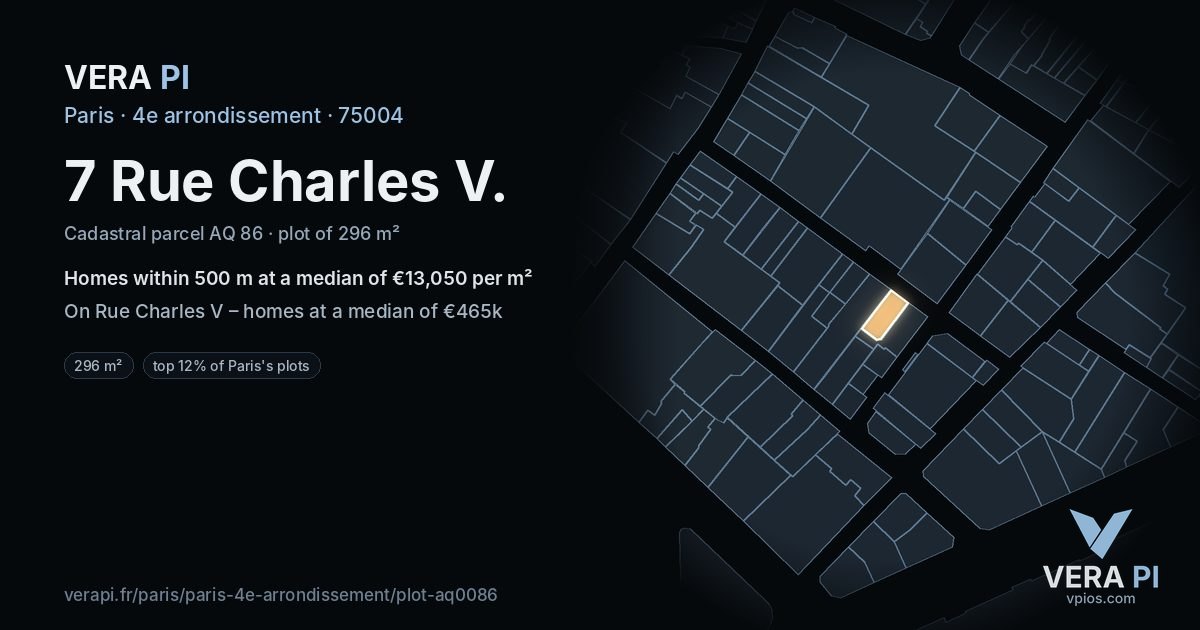7 Rue Charles V, 4e arrondissement at night – the plot lit, the parcels around coloured by the prices near them