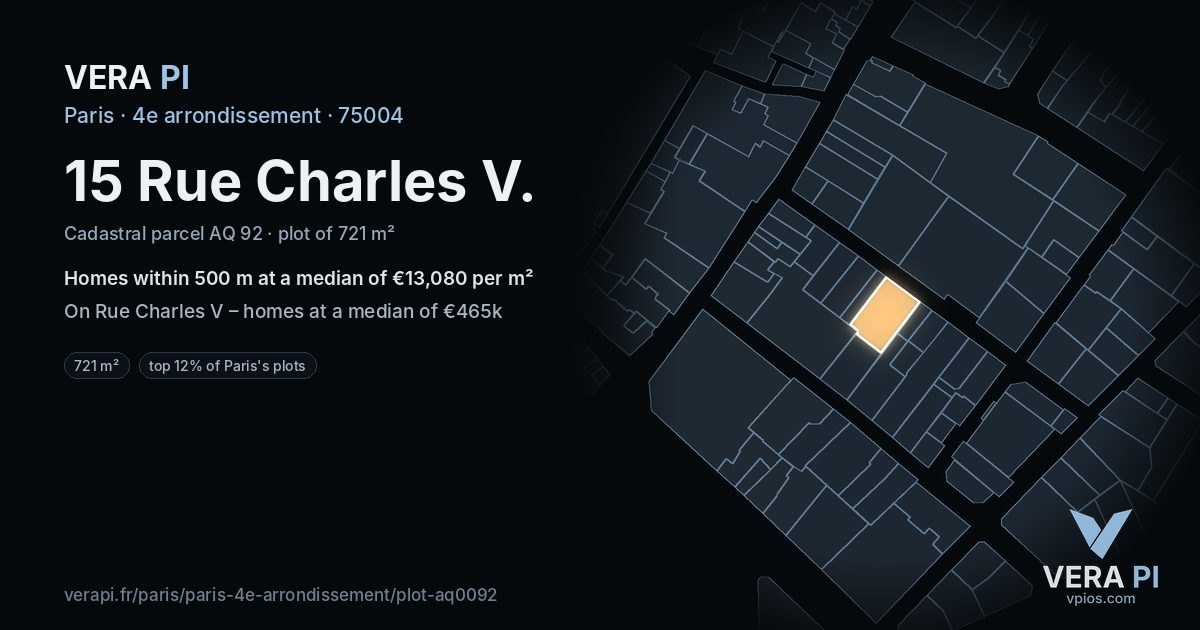 15 Rue Charles V, 4e arrondissement at night – the plot lit, the parcels around coloured by the prices near them