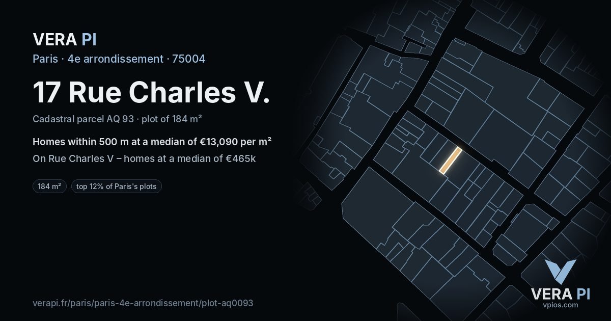 17 Rue Charles V, 4e arrondissement at night – the plot lit, the parcels around coloured by the prices near them