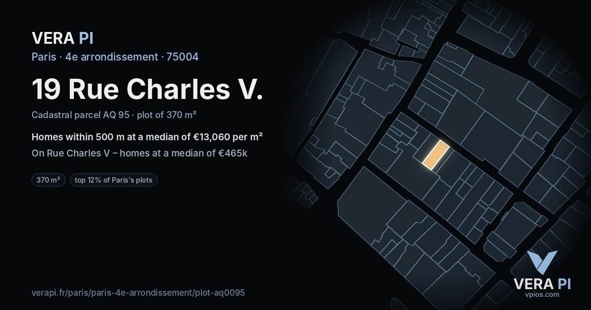 19 Rue Charles V, 4e arrondissement at night – the plot lit, the parcels around coloured by the prices near them