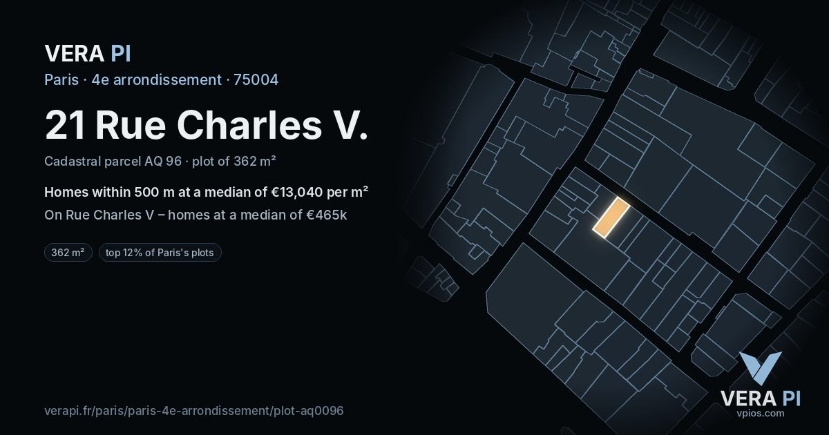 21 Rue Charles V, 4e arrondissement at night – the plot lit, the parcels around coloured by the prices near them