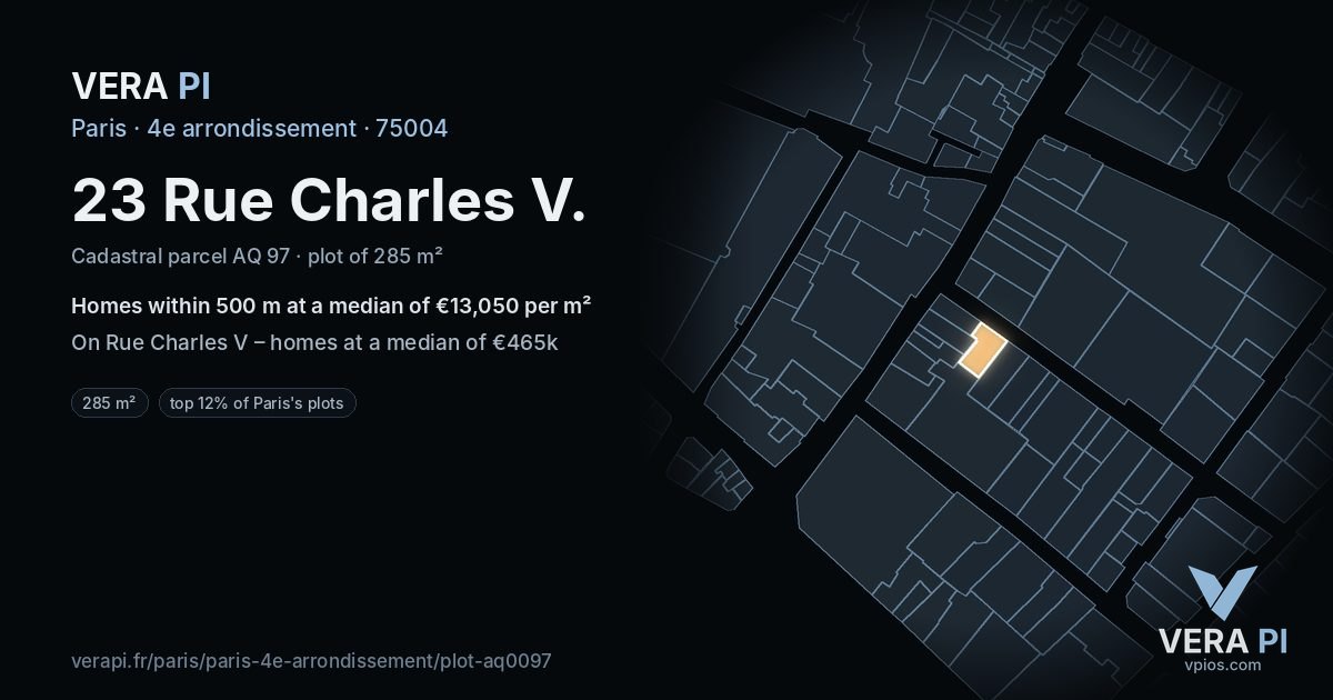 23 Rue Charles V, 4e arrondissement at night – the plot lit, the parcels around coloured by the prices near them