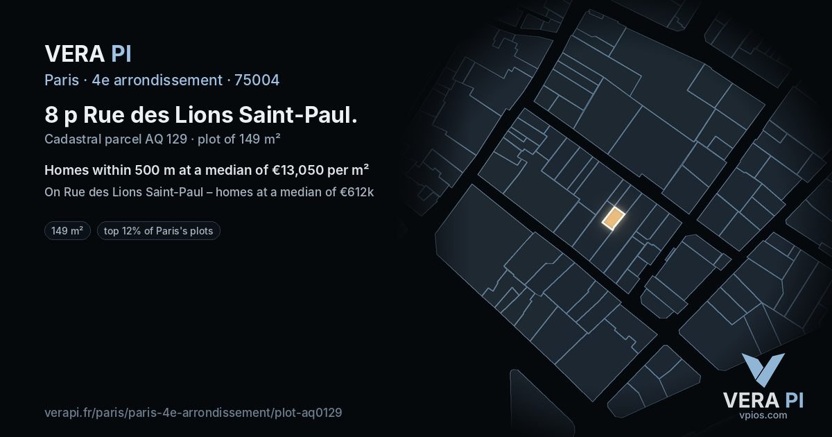 8 p Rue des Lions Saint-Paul, 4e arrondissement at night – the plot lit, the parcels around coloured by the prices near them